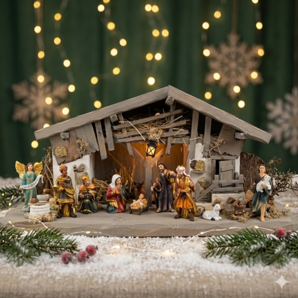 Stilvolle Weihnachtskrippe Breitenbrunn inkl. 11-tlg. Figurensatz K 604, Maße Krippe: ca. 60 x 23 x 26 cm